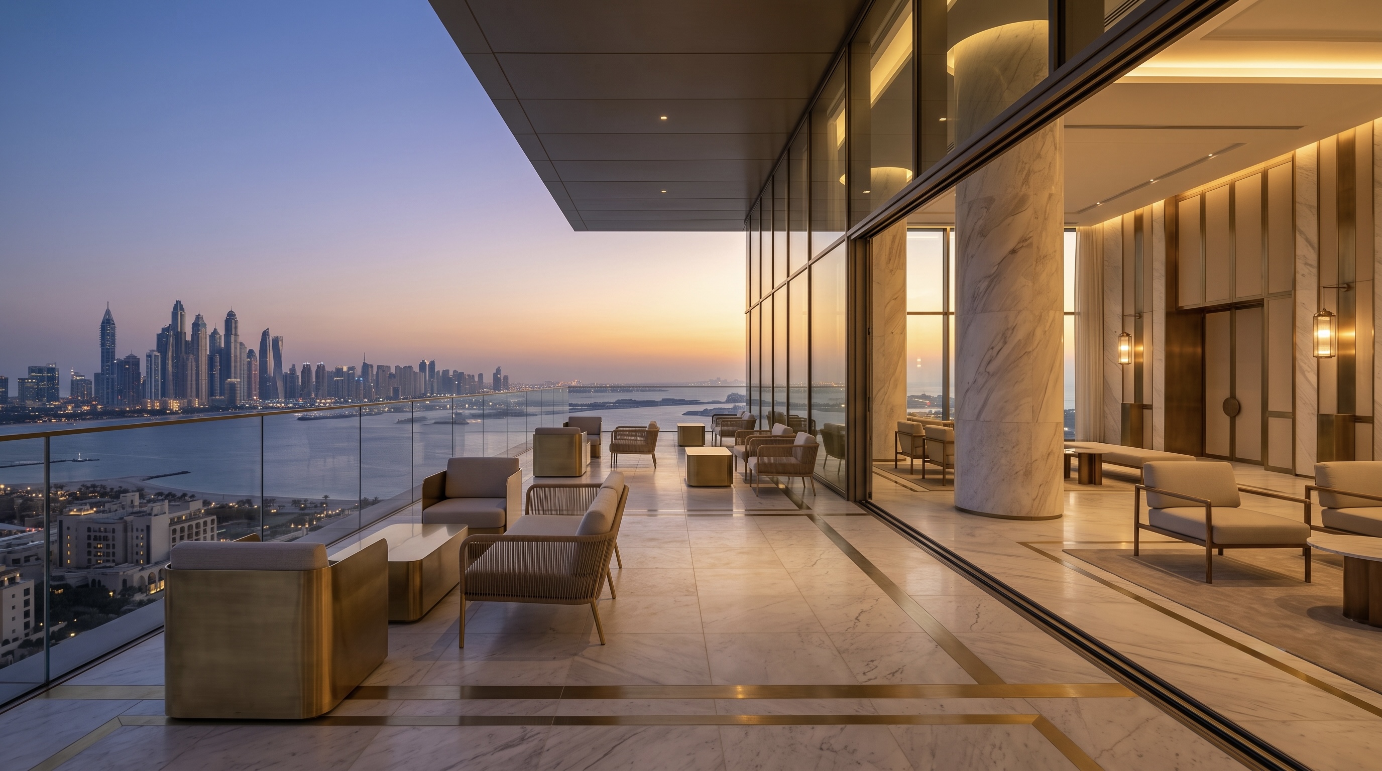 Dubai manzaralı akşam vakti bir teras lounge alanı